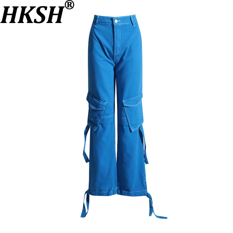 HKSH Autunno Nuove Donne Pantaloni Cargo Dritti Multi-tasca Cuciture Design Nastro Safari Stile Americano High Street Trendy HK10618