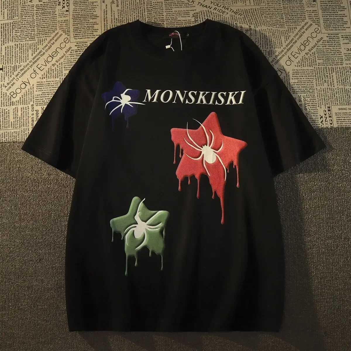 Camiseta de algodón para hombre y mujer, camiseta de manga corta con diseño de estrella y araña Retro americana, holgada, marca de moda Ins, Media manga