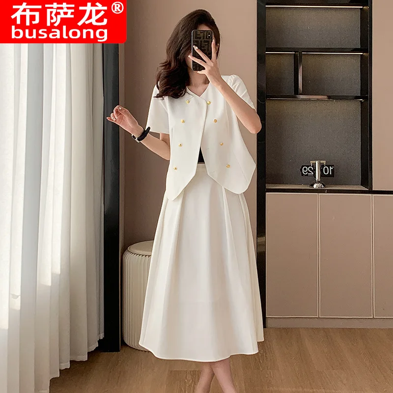 Green Summer Retro Double-Breasted Short Coat Skirt Two-Piece Fashion Suit Temperament Women's Short Sleeve Formal Wear