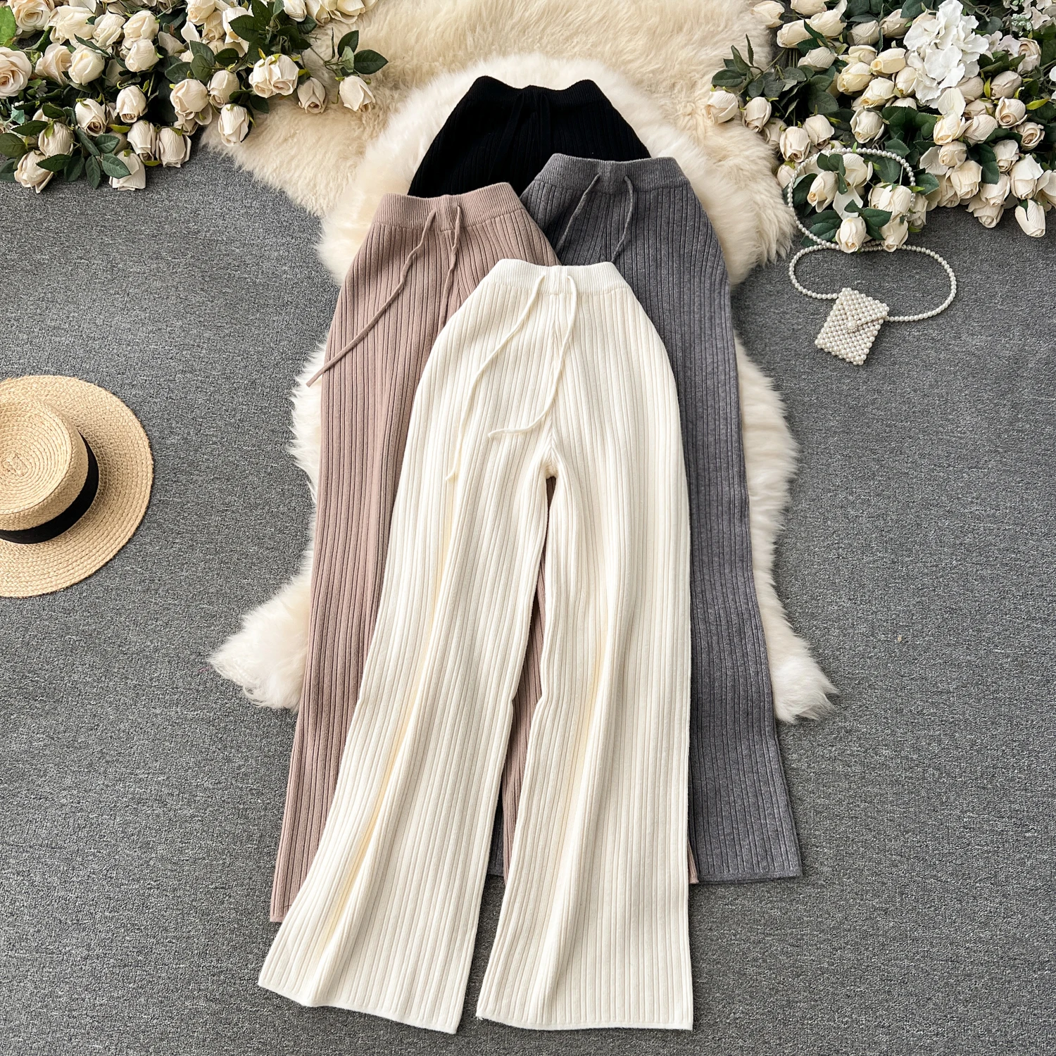 

Autumn Winter Elastic Waist Knitting Pants Women Simple Solid Color Temperament High Waist Wide Leg Pants