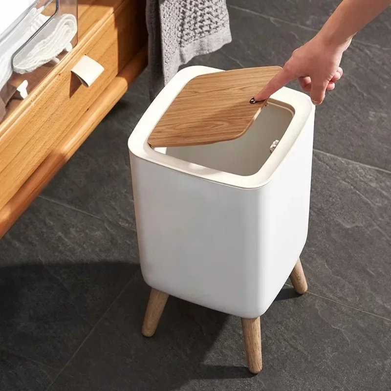 2L/10L Trash Can with Lid High Foot Wood Grain Garbage Bin Simple Press Trash Can Mini Desktop Paper Basket Home Garbage Bucket