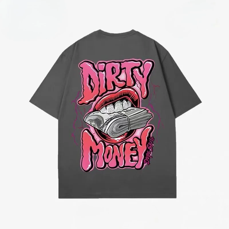  High Street Hip Hop Dirty Money Bold Pink Lips Cash Stack Graphic Cotton Oversized Tshirt 2026