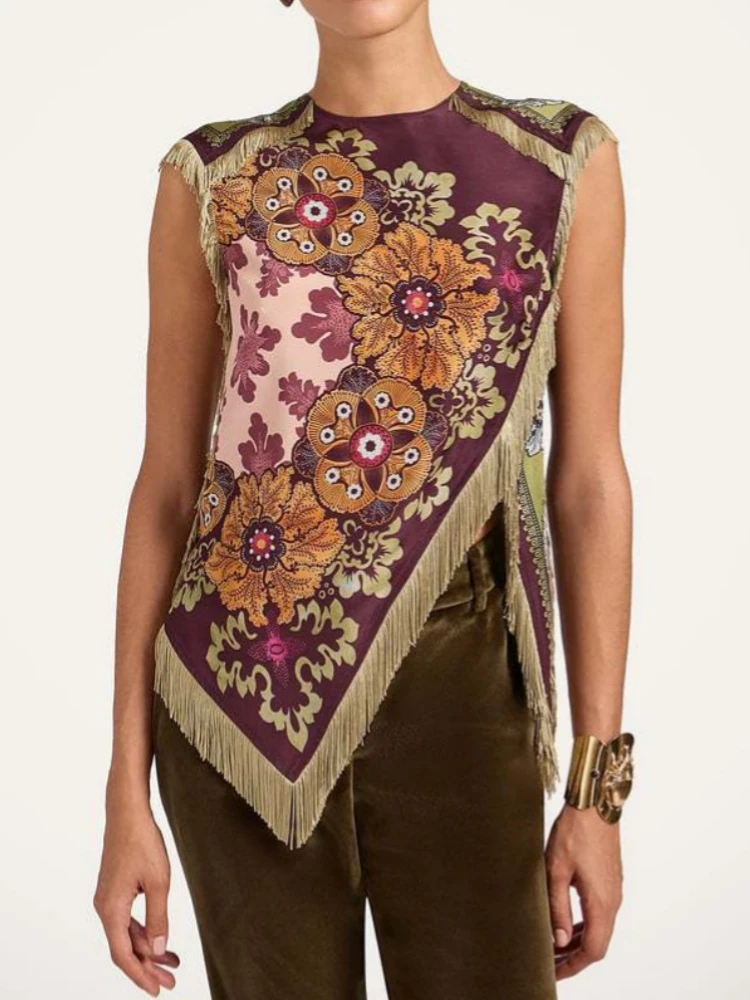 Vintage Women Floral Print Satin Tank Top Sleeveless Fringe Trim Irregular Hem Blouse Boho Elegant Casual Daily Party Vest Shirt