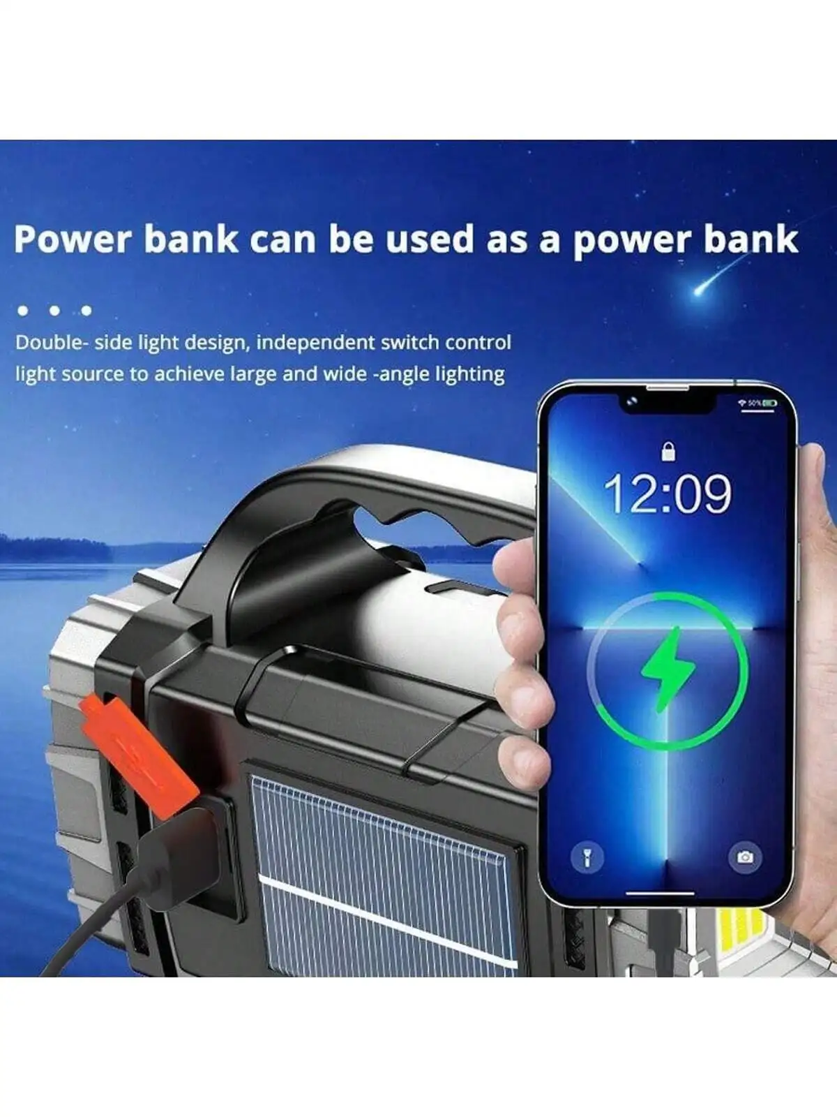 1pc Portable Solar Power Bank With Flashlight , Dual  Illumination LED 2COB Silver Flashlight For Outdoor Camping