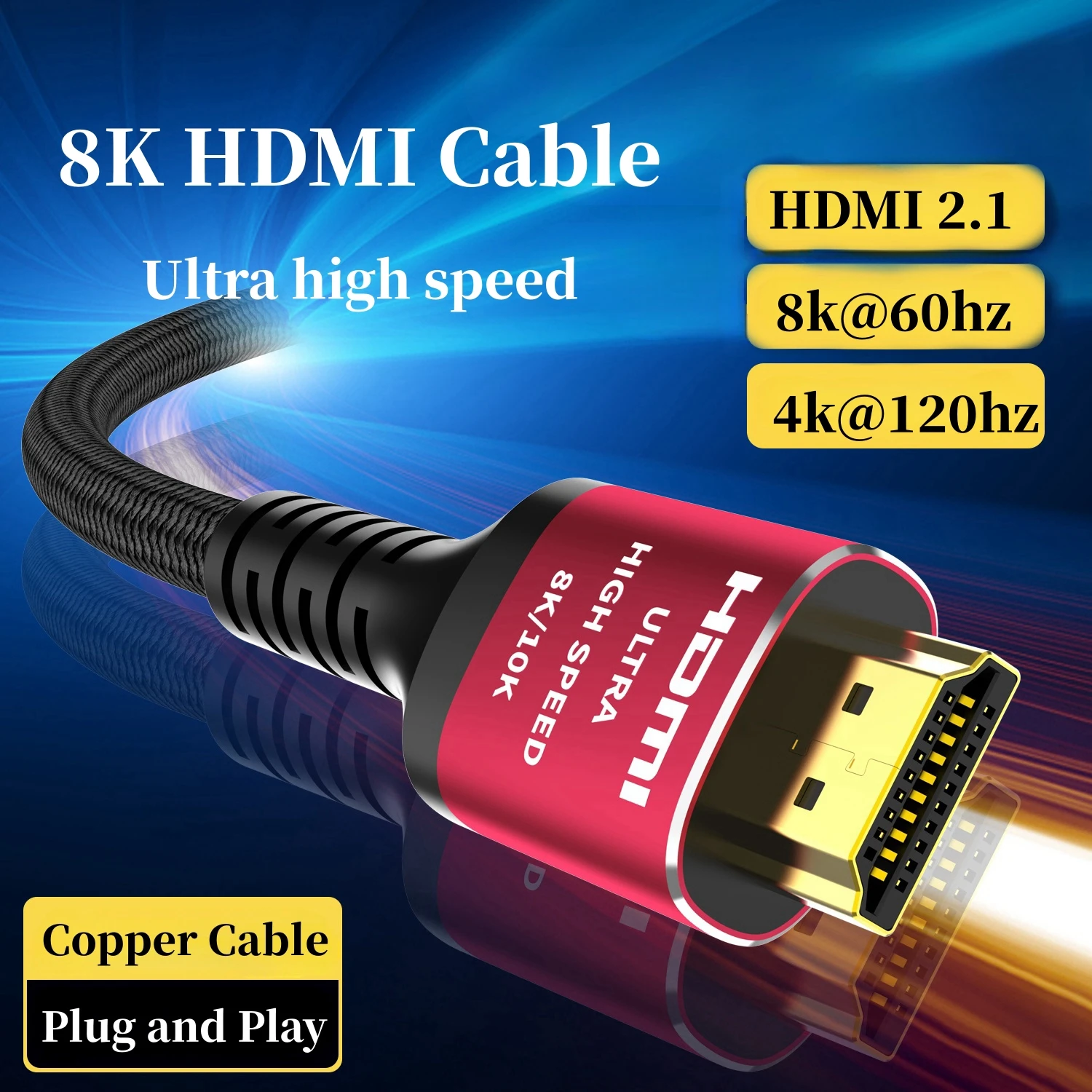 Long 8K HDMI 2.1 Cables, 48Gbps , High Speed Braided Cord-4K@120Hz 8K@60Hz, Compatible With Roku TV/PS5/PS4/HDTV/RTX 3080 3090