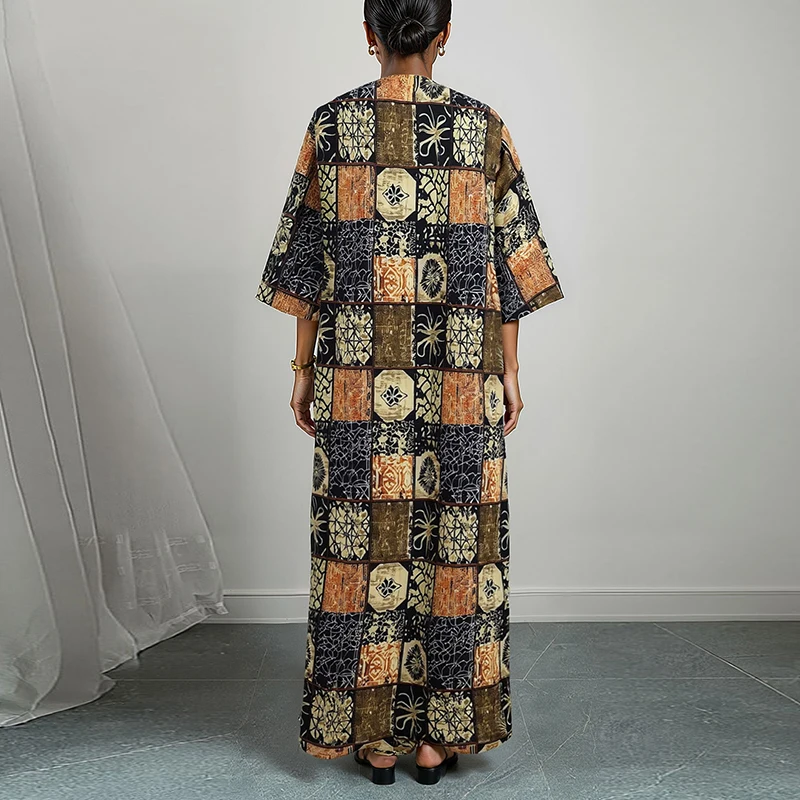 نمط طباعة السيدات الخامس الرقبة رداء فضفاض فستان عادية بأكمام طويلة عالية الخصر عطلة فستان أنيق الخريف البوهيمي فستان ماكسي #3