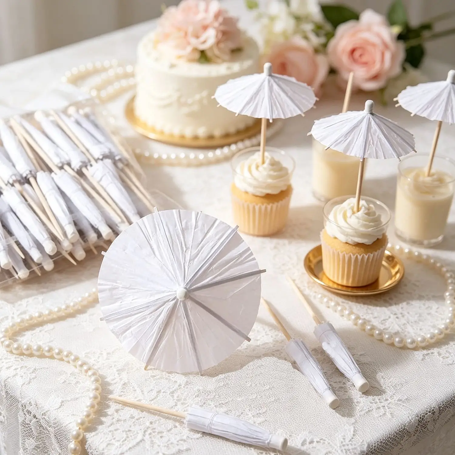 50Pcs White Umbrella Graffiti Cocktail Drink Picks Food Fruit Bamboo Toothpick Dessert Cake Stick for Wedding Theme Party Decor - view 5