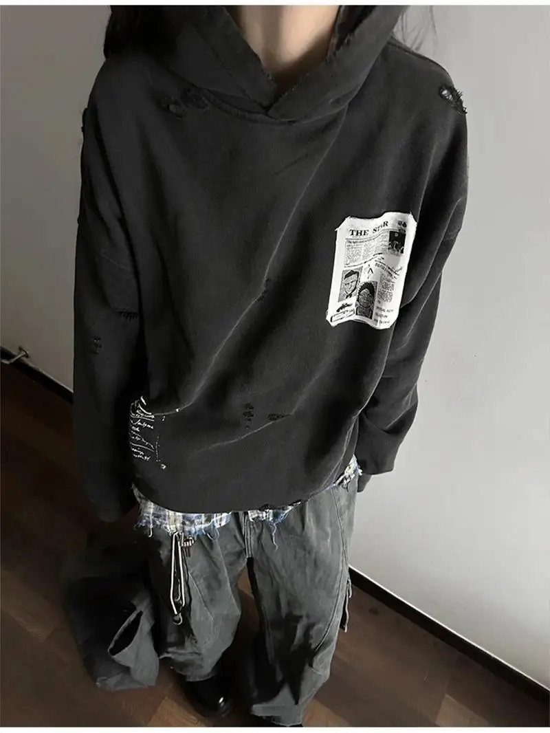 American Sle Heavyweight Waed Color Hand Sewn Patchwork Hoodie Sweatirt Casual Loose Fit for Men And Women Couples