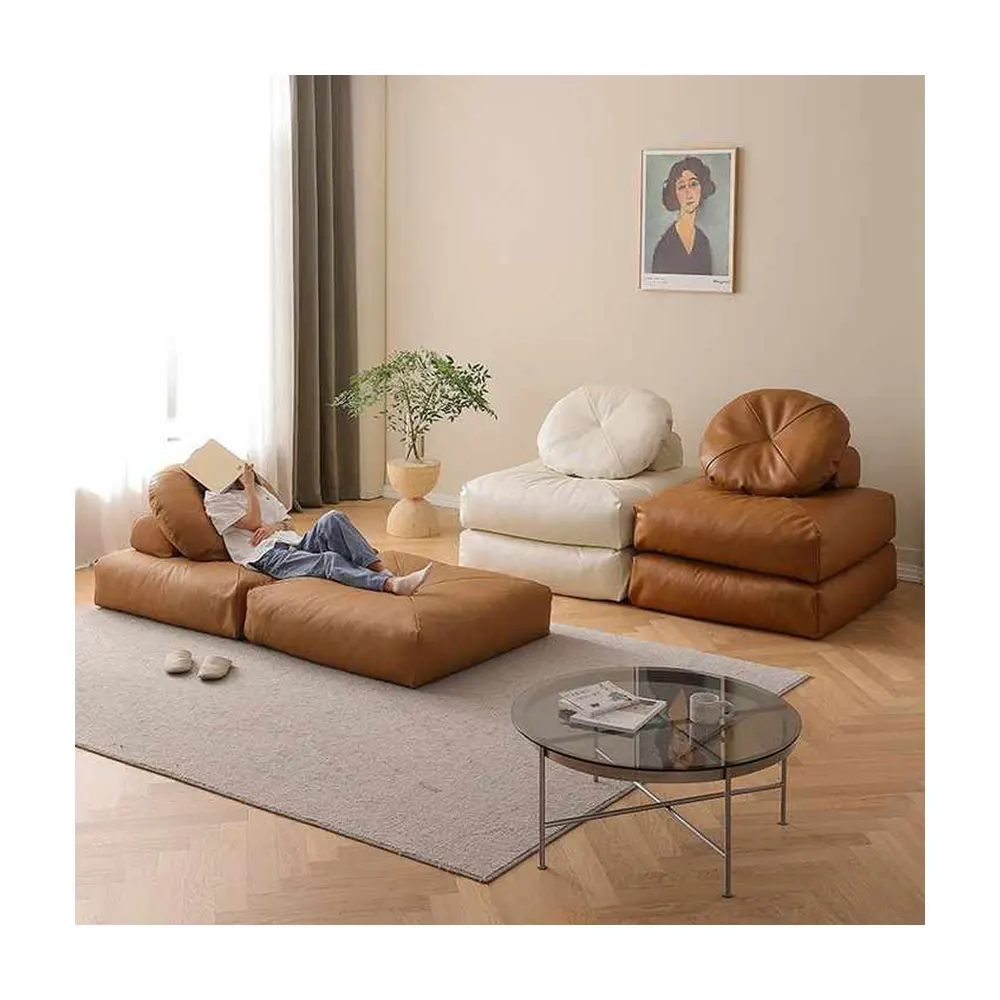 

Retro Style Leather Living Room Sofas Lazy Module Combination Tatami Leather Home Furniture Sofa Bed