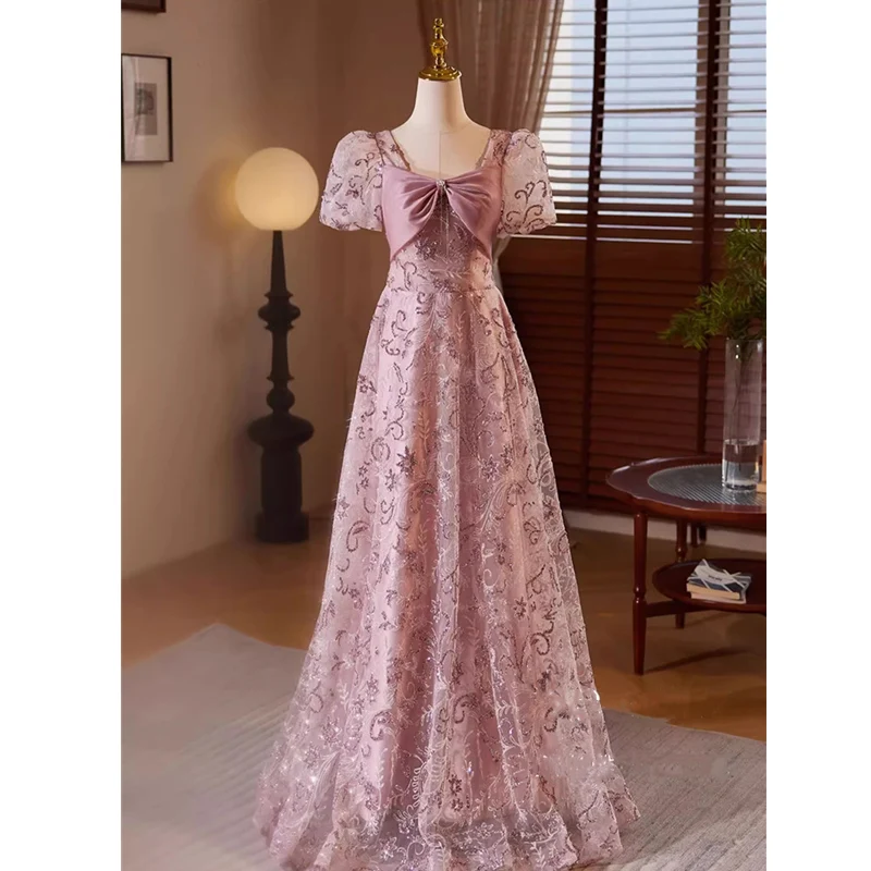 Bespok-Robe de soirée en tulle rose foncé pour femme, bling, col carré, manches courtes, à lacets, ligne A, longueur au sol, grande taille