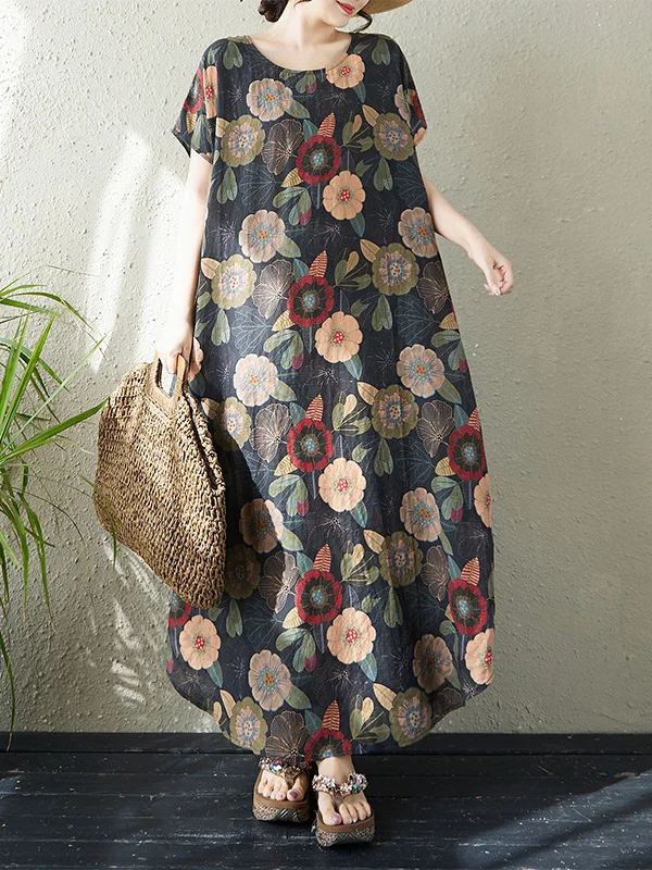 

Loose Fit Cotton Linen Print Long Dress Thin Vintage round Neck Short Sleeve Women's plus Size Clothing City Walk Summer Dress