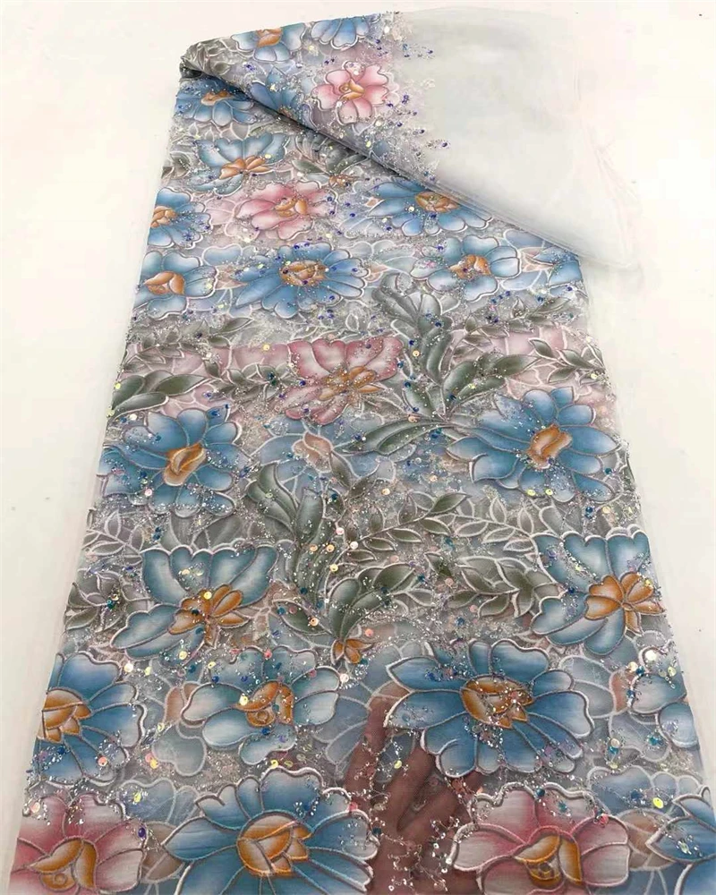 Paillettes nigeriane di alta qualità con perline africane con pizzo di perle Tessuto di pizzo francese in tulle per cucito di abiti da festa