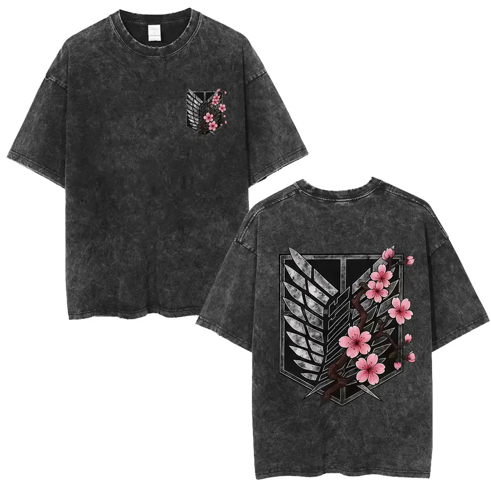 Anime Attack on Titan Vintage Washed T-shirt Wings of Freedom Logo Graphic Print T Shirt Men Women Cartoon Manga Casual T-shirts