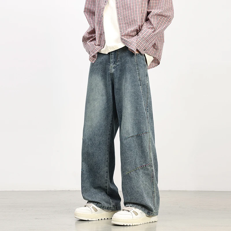 Vintage Washed Baggy Jeans for Men Loose Fit Wide Leg Denim Trousers Comfortable Streetwear Y2K Fashion Pants