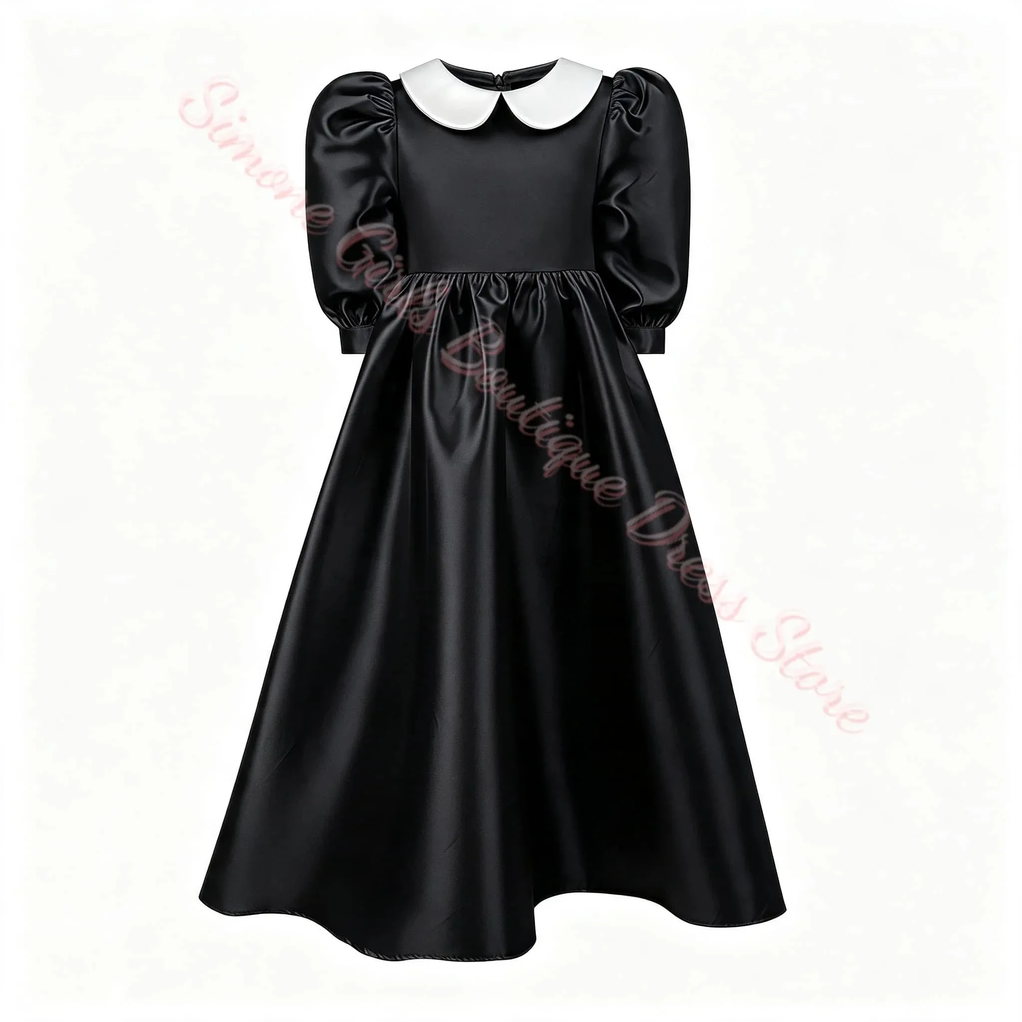 Maßgeschneidertes Großhandels-Champagner-Puffy-Blumenmädchenkleid für Hochzeiten, Satin, 3/4-Armel, Erstkommunion, Kindergeburtstagskleid – Detail 4