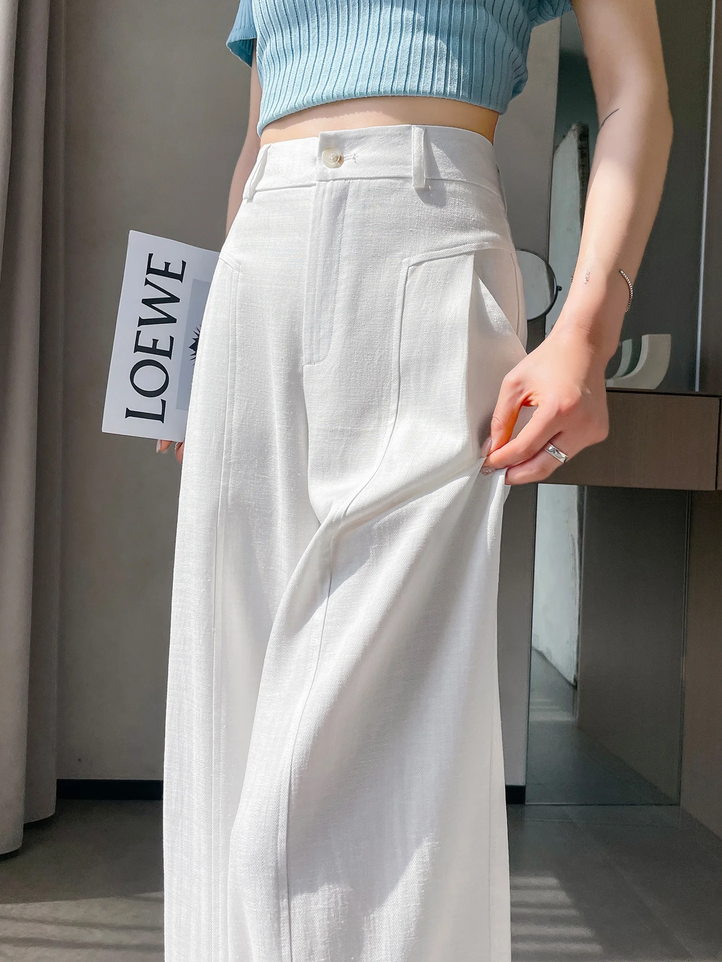 

High Waist Wide Leg Pants Women's Summer Thin Ice Silk Cotton Linen Straight Cut Loose Drapey Casual Long Trousers
