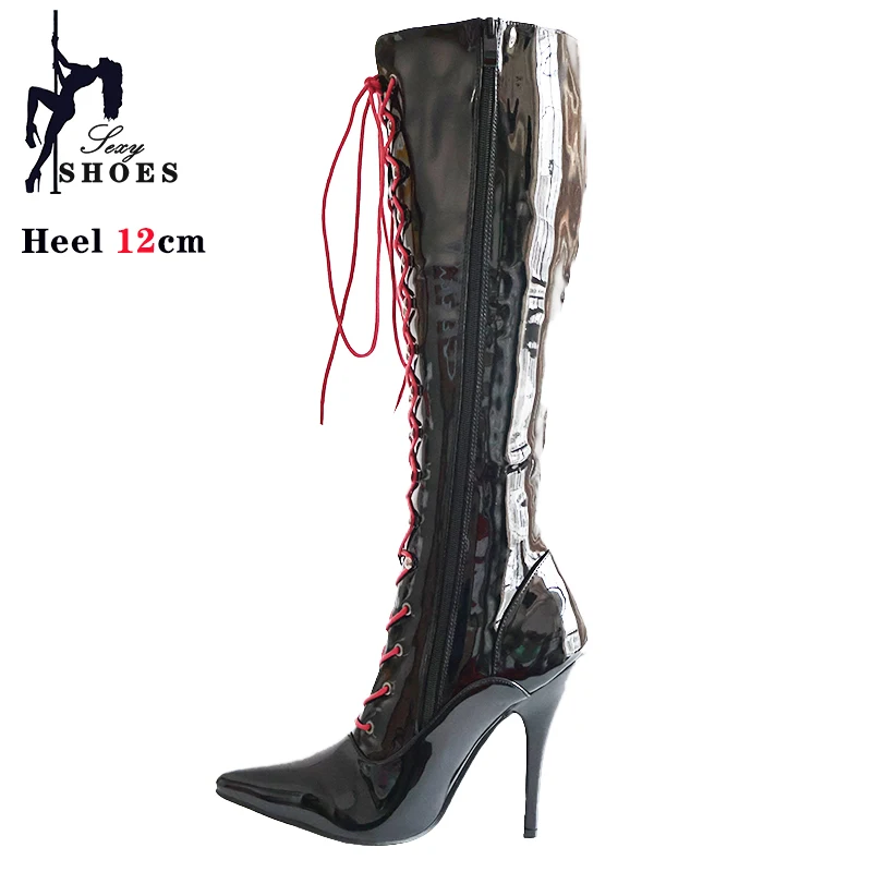 12CM Mid-Calf Boots Sexy Fetish Stiletto Heel Vintage Boots Knee High Lace-up Pointed toe Shoes Size 46 In Stock Fast Shipping