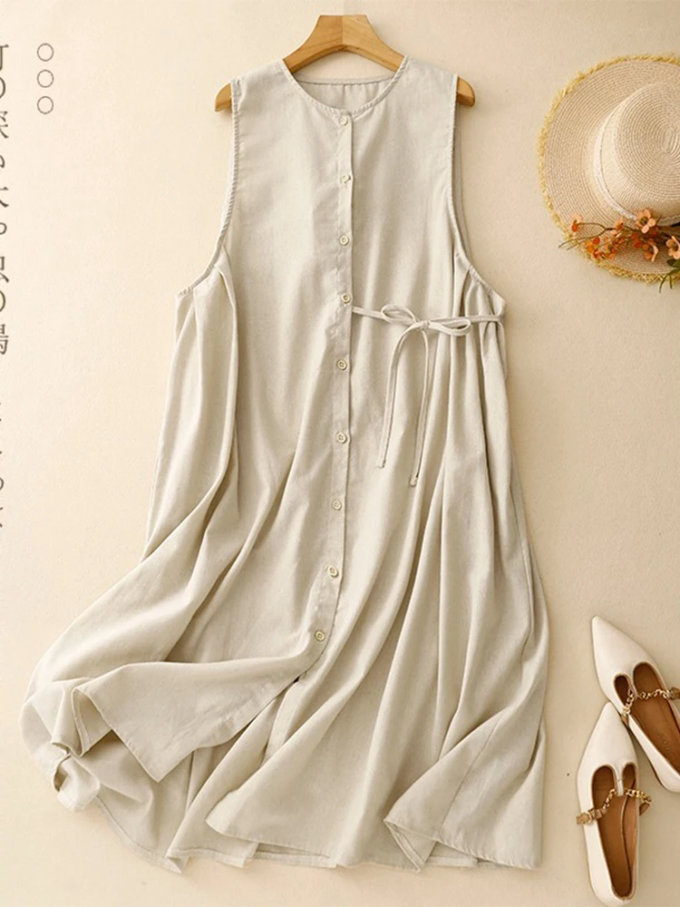 

Japanese Artistic Cotton Linen Svel Dr Women Summer Loose Casual Belted Single Button Linen Vest Long Dr