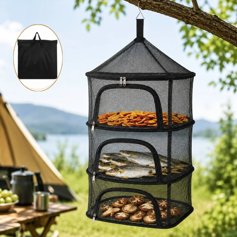 Outdoor Portable Mesh Dryer Rack 4 Layers Hanging Food Drying Net for Camping Kitchen Dish Cup Storage Food Anti-insect Shelf