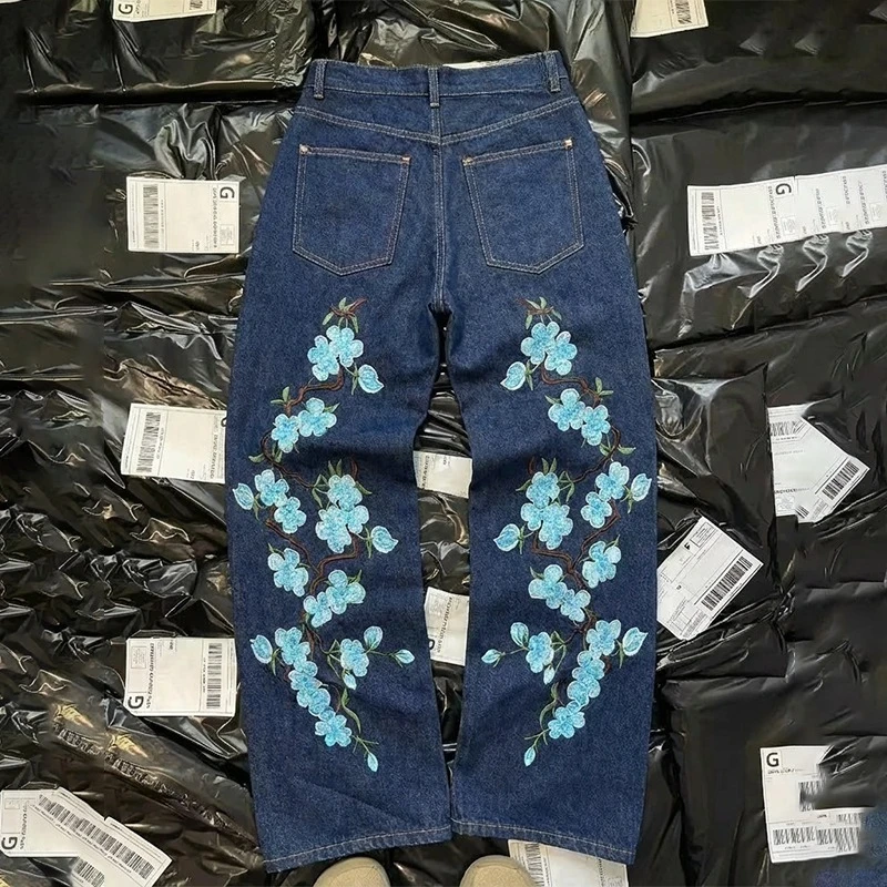 Y2K جينز فضفاض 2000s Harajuku تطريز زهر الكرز نمط الجينز الشارع الشهير خمر الهيب هوب الرجال النساء عادية واسعة الساق الجينز #1