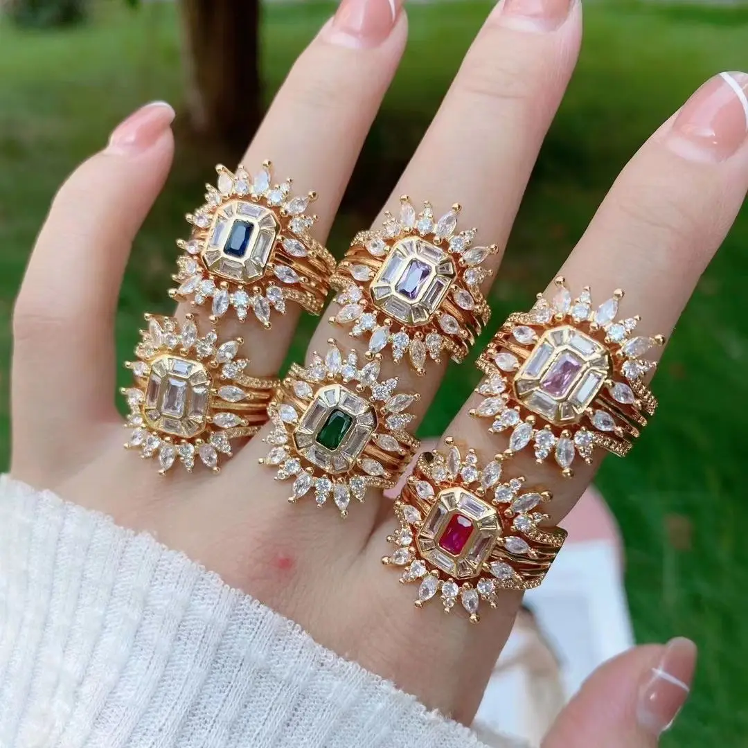 5PCS, Fashion Female Geometric Ring Gold Color Zircon Rings For Women Promise Love Engagement Ring