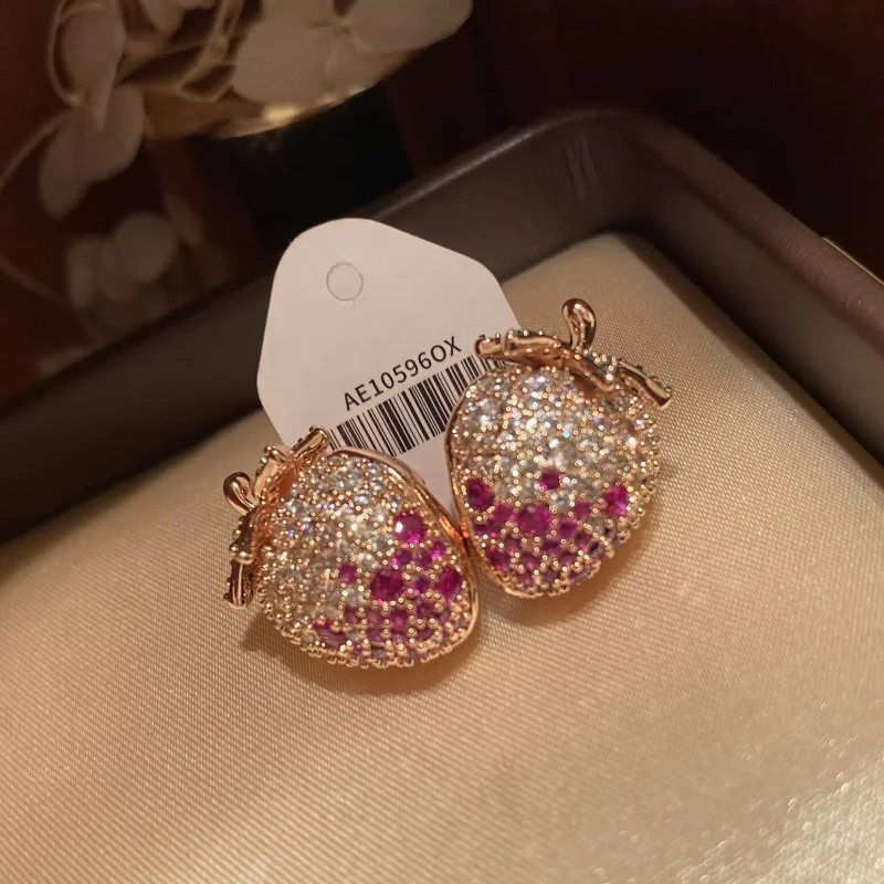 

Rose Gold Tone 3D Strawberry Earrings with Pink Gradient Cubic Zirconia Crystals cute stud earrings for women
