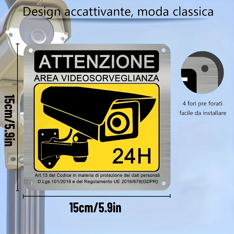 Italy Sign, 2Pcs Metal Video Surveillance Area Signs - 15 X 15 cm Private Property Signs - Self-Adhesive & Pre-Drilled - Durabl