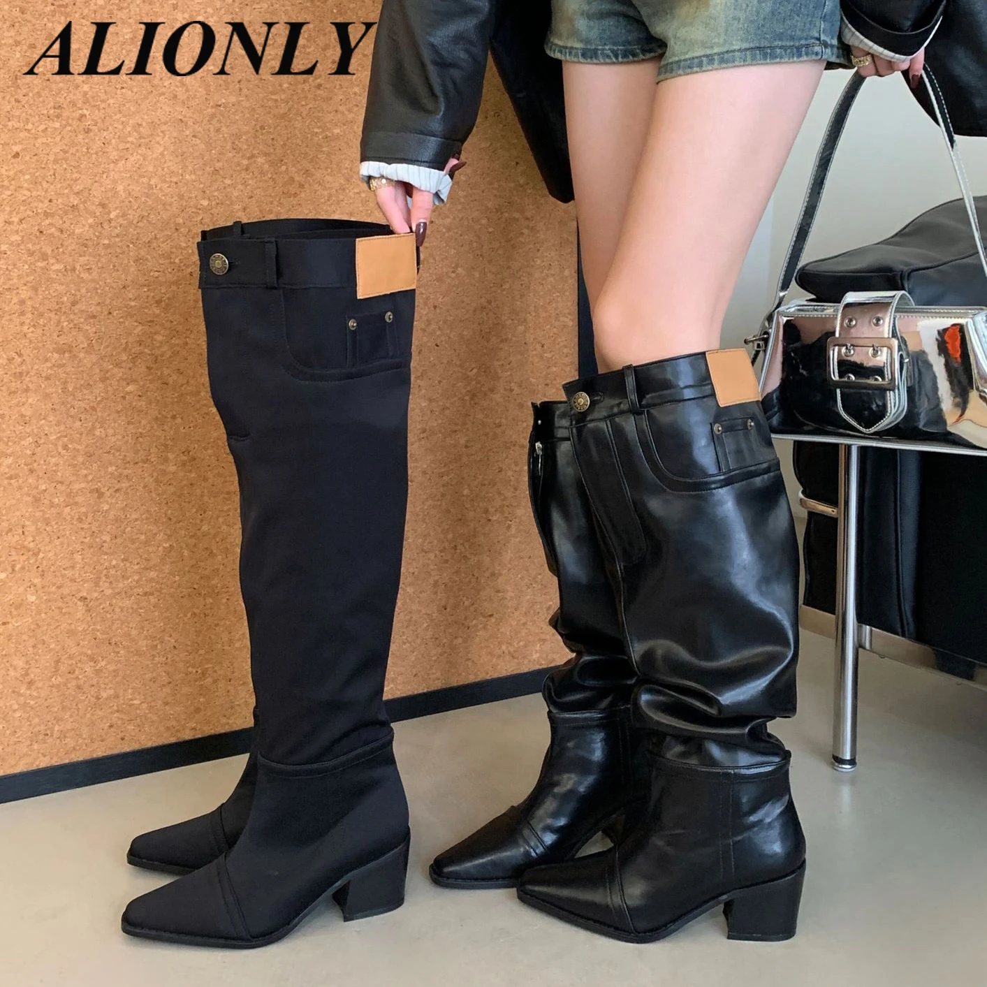 

Alionly/2026, модные сапоги до колена в стиле панк с перекрестными ремешками и круглым носком, женская дизайнерская обувь на квадратном каблуке с пряжкой на ремне и молнией