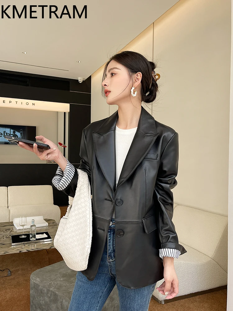 KMETRAM Naturalna Skórzana Kurtka Damska z Naturalnej Skóry Owczej Wysokiej Jakości Czarna Krótka Prawdziwa Skórzana Kurtka Damska Płaszcz Jesień 2025