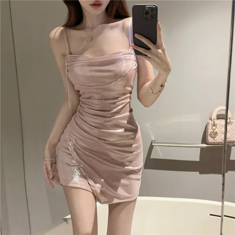 Ezgaga Mini Dresses Women Elegant Sexy Slim Ruched Slash Neck Sleeveless Backless Summer Fashion Party Dress Ladies Clubwear