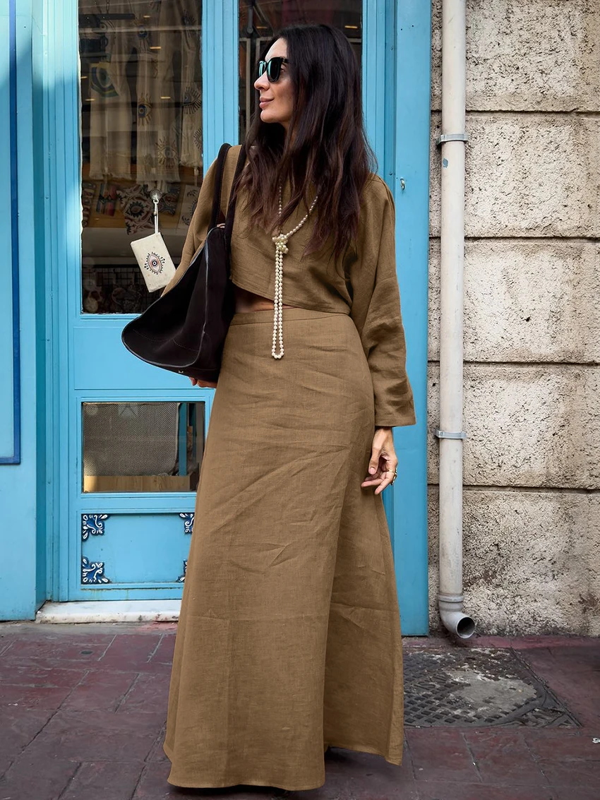 Marthaqiqi Loose Female Nightgown Suit O-Neck Sleepwear Long Sleeve Pajamas Crop Top Pyjamas Long Skirt Casual Women Nightie Set