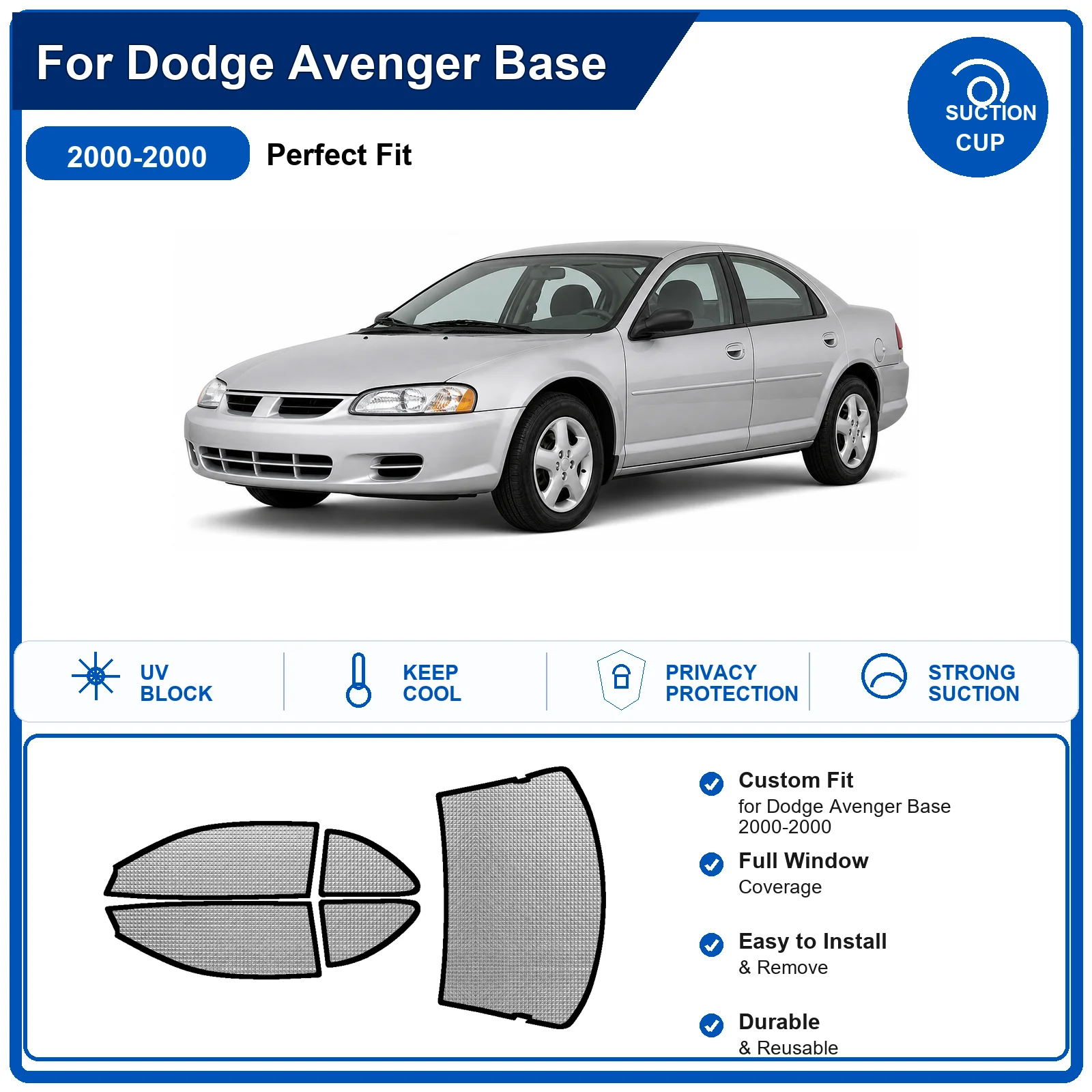 For Dodge Avenger Base 2000-2000 Custom Full Set Windshield Sun Shade Aluminum Foil Heat Insulation Anti UV Foldable