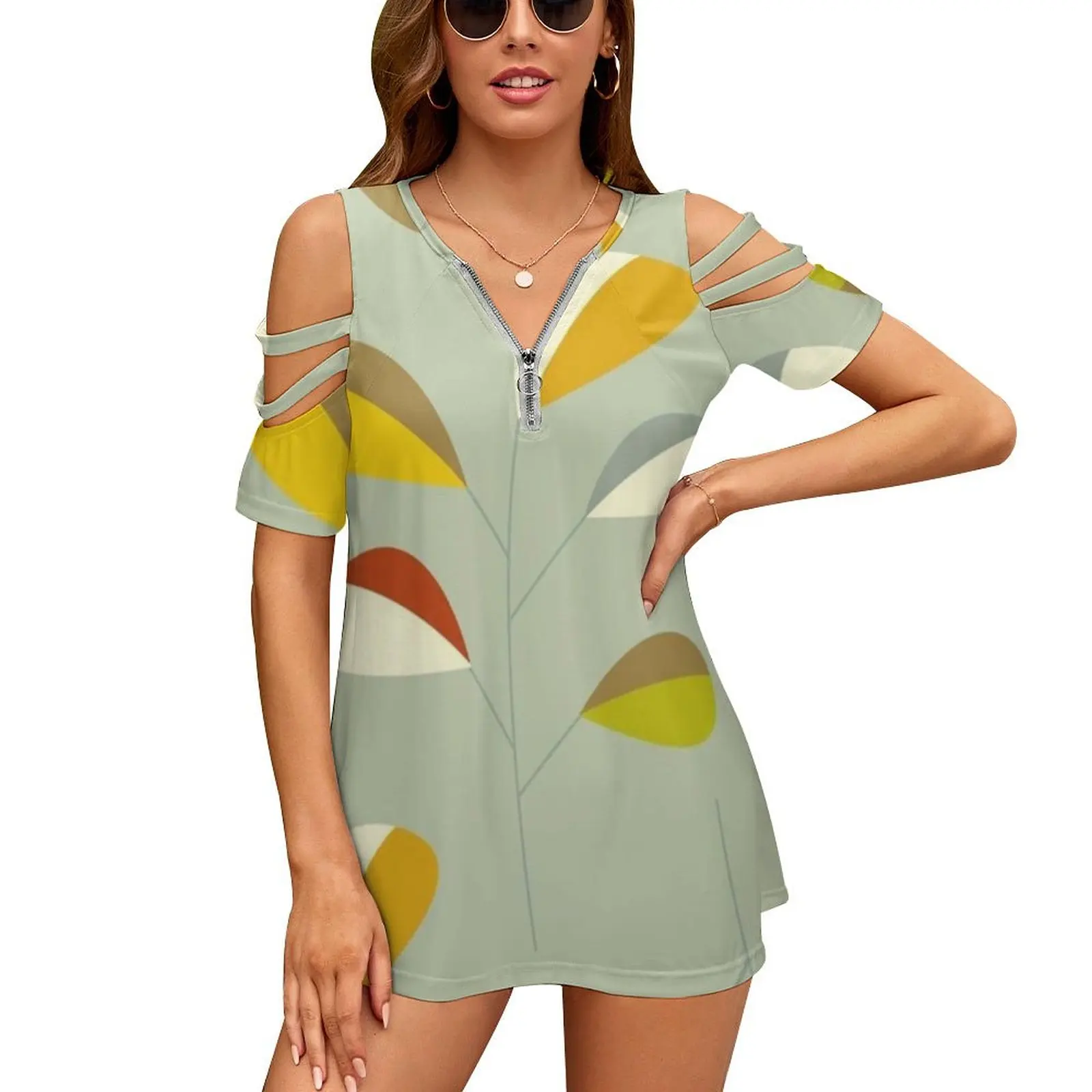 Mid Century Modern Graphic Leaves Pattern 1. Vintage Green New Fashion Zip Off Shoulder Top Short-Sleeve Women Shirt Mid