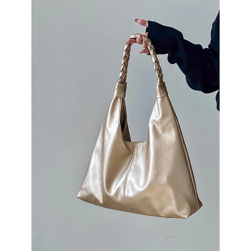 

Chic Metallic Gold Tote Bags for Women 2026 Braided Handle Soft Leather Shoulder Bag Large Capacity Handbag for Work & Daily