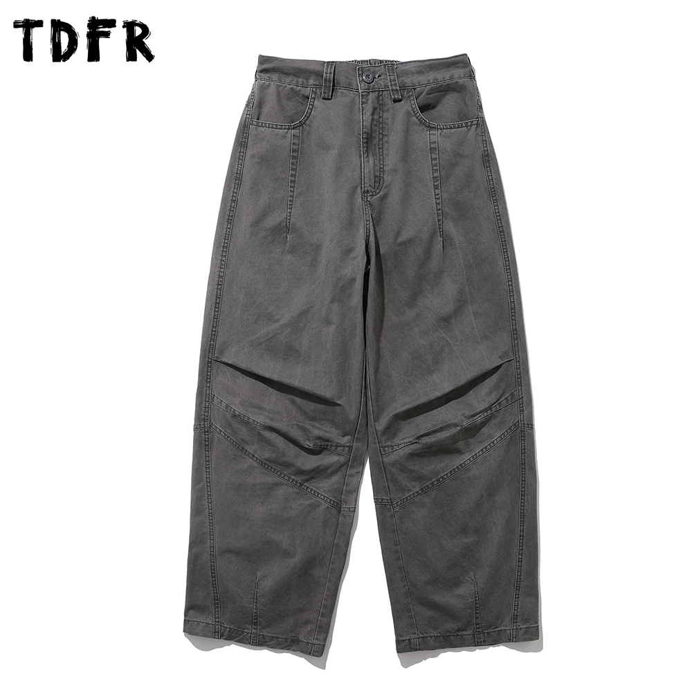 Washed Distressed Pleated Cargo Pants Mens Spliced Retro Safari Style Elastic Waist Wide Leg Baggy Trousers Man