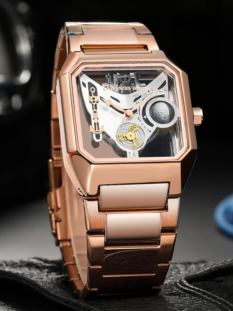 Luxury Men Watch Unusual Transparent Hollow Dial Male Quartz Wristwatch Rose Gold Black Square Watches Stainless Steel Man Clock