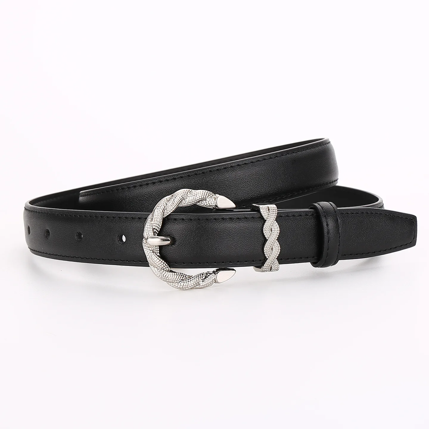 Women Glossy Cowhide Waist Belt Double‑Sided Construction Textured Snake‑Form Zinc Alloy Pin Buckle Polished Fashion Hardware