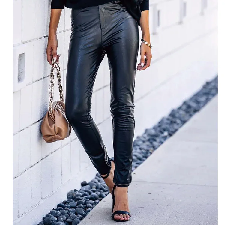 

2022 New Sexy Ladies Black Leather Pants PU High Elastic Casual Warm Ladies Leather Pants Leather Pants