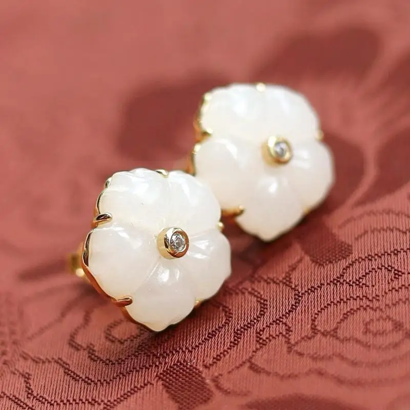 Genuine China Nephrite Stone 925 Sterling Silver White Jade Flower Earrings Women Certified Jewelry Hetian Jade Stud Earrings