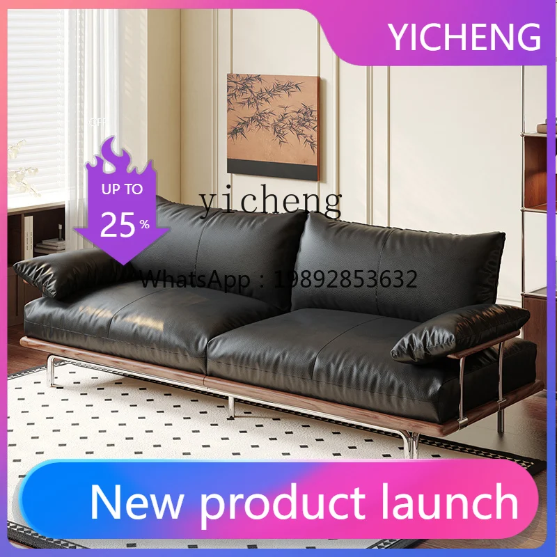 

A2-7 furniture black leather sofa straight row three living room solid wood sofa retro