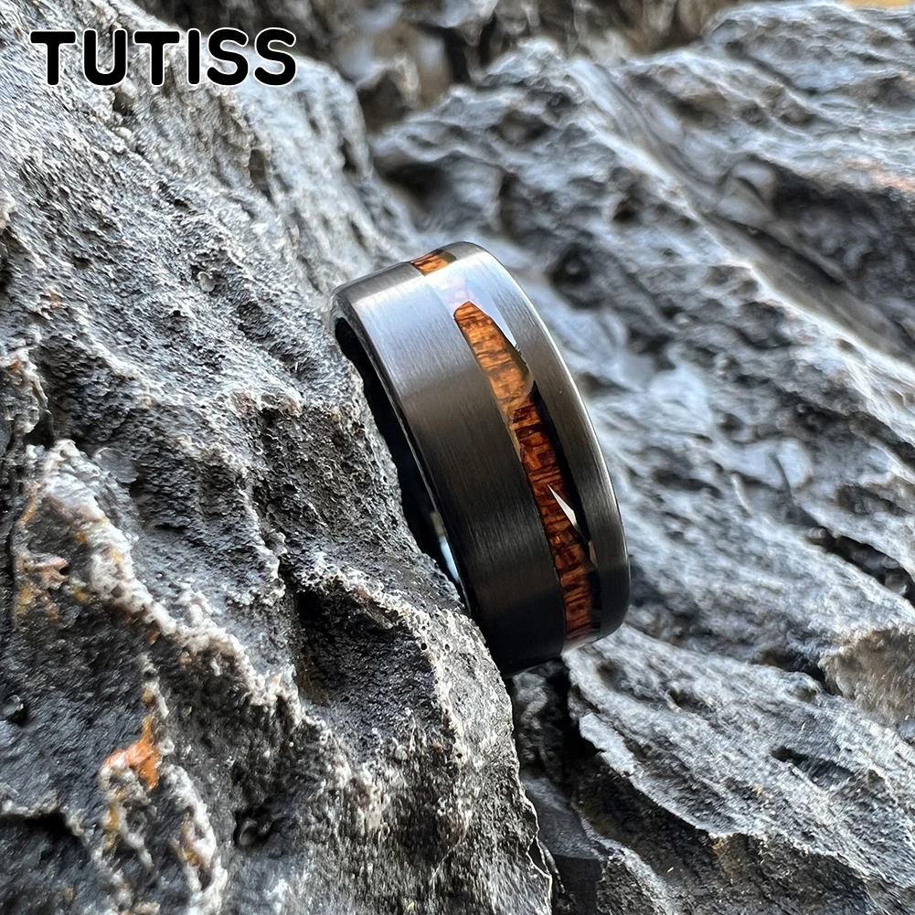 TUTISS 6mm 8mm Tungsten Couple Ring Black Men Women Wedding Band With Real Wood Inlay Offset Grooved Comfort Fit