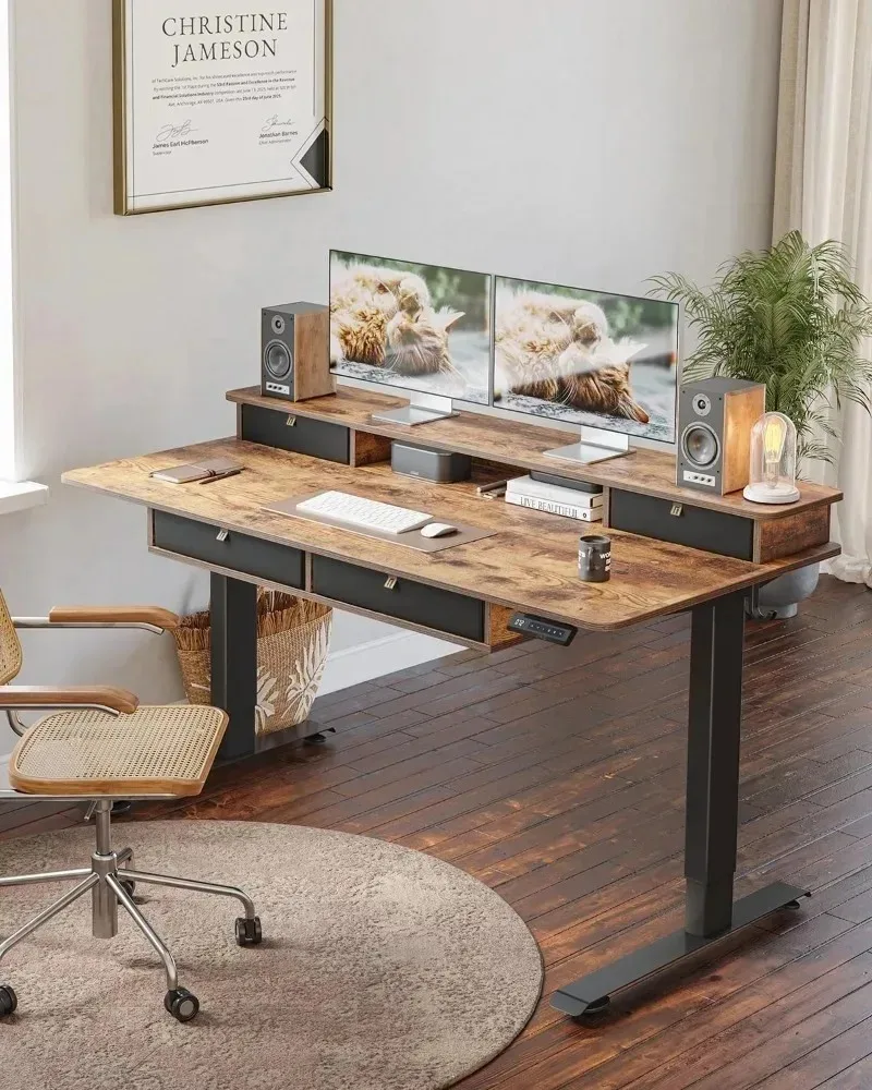 FEZIBO Standing Desk with Drawers, Height Adjustable Electric Workstation, Computer Sit Stand Up Table with Large Storage Shelf