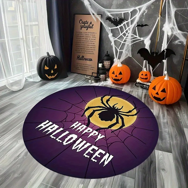1pc Halloween Spider Round Carpet Flannel Purple Background Party Decoration Spooky Season Essential