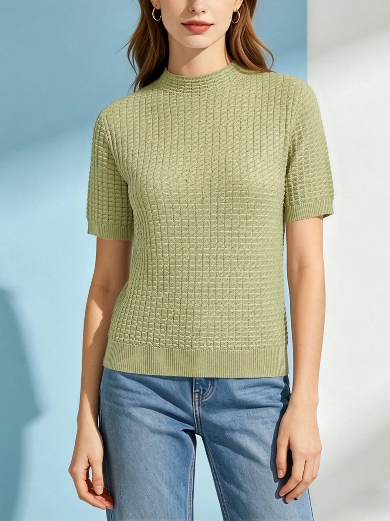 

Solid Green Mock Neck Knit T-shirt for Women Casual Slim Fit Short Sleeve Textured Knitwear Elegant Daily Work Blouse Tops
