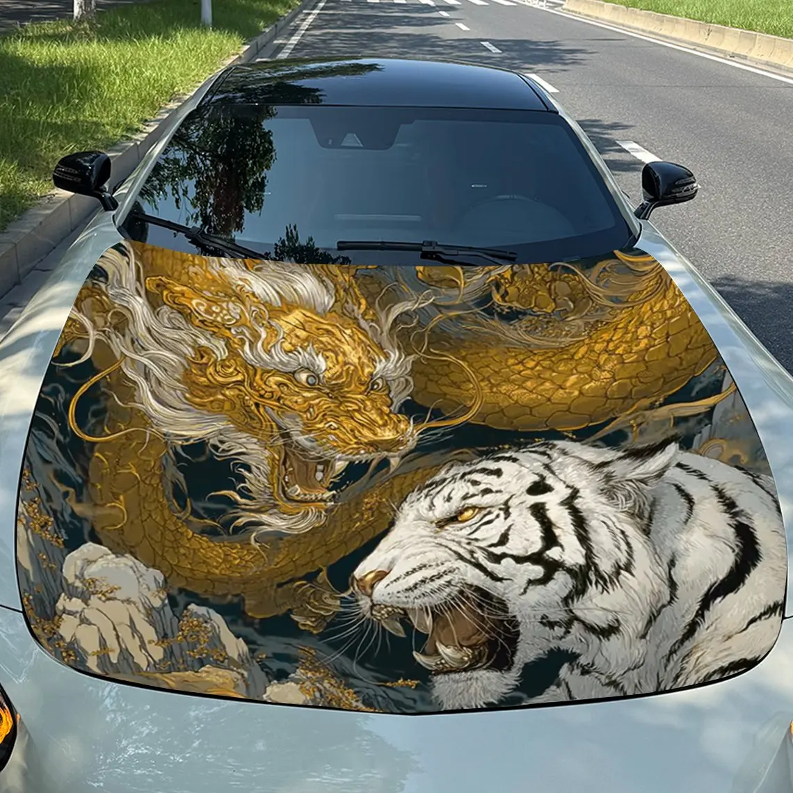 

White Tiger And Golden Dragon Car Hood Wrap - Self-Adhesive Waterproof Scratch-Resistant Vinyl Decal, Durable PVC Car Hood Stick