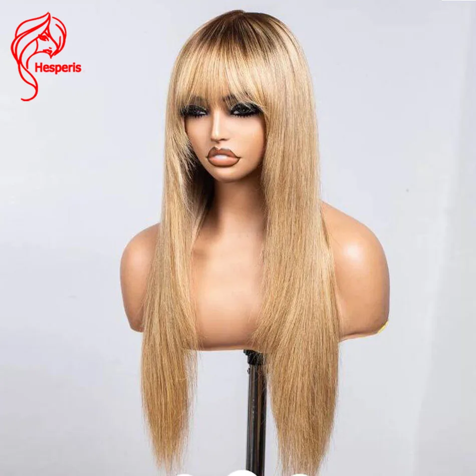 

Hesperis Silk Straight Full Machine Made Wig With Bangs Brazilian Remy Honey Blonde Ombre Human Hair Wig #27 Color For Women