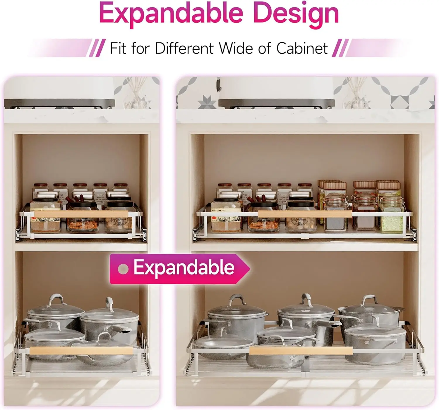 

Expandable Pull Out Cabinet Organizer, Adjustable Width (10.2""~16.4"") Slide Out Cabinet Drawers, Bottom-Mounted Pull Out