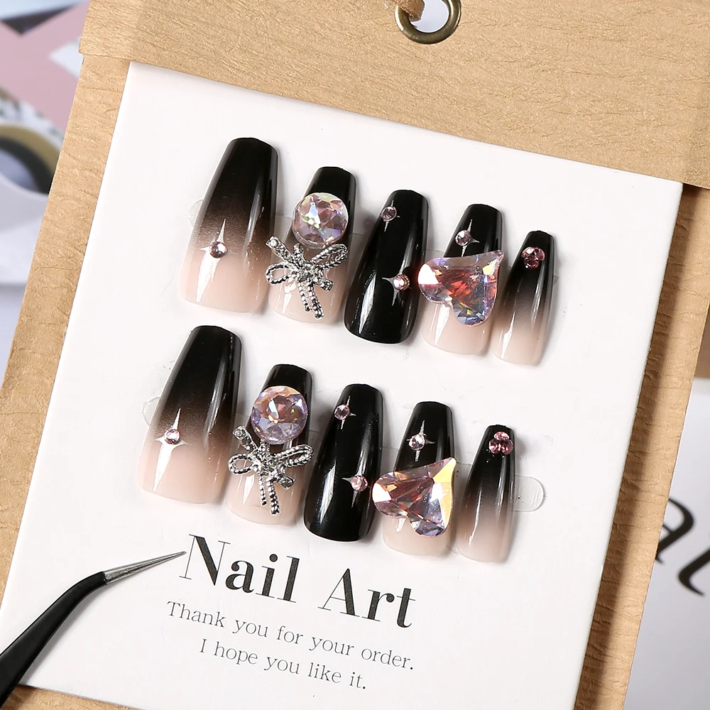 24pcs/box black press on nail tips 3D Heart Bow Rhinestone Y2k Long Ballet Fake Nails Full Cover Wearable Glossy DIY False Nails