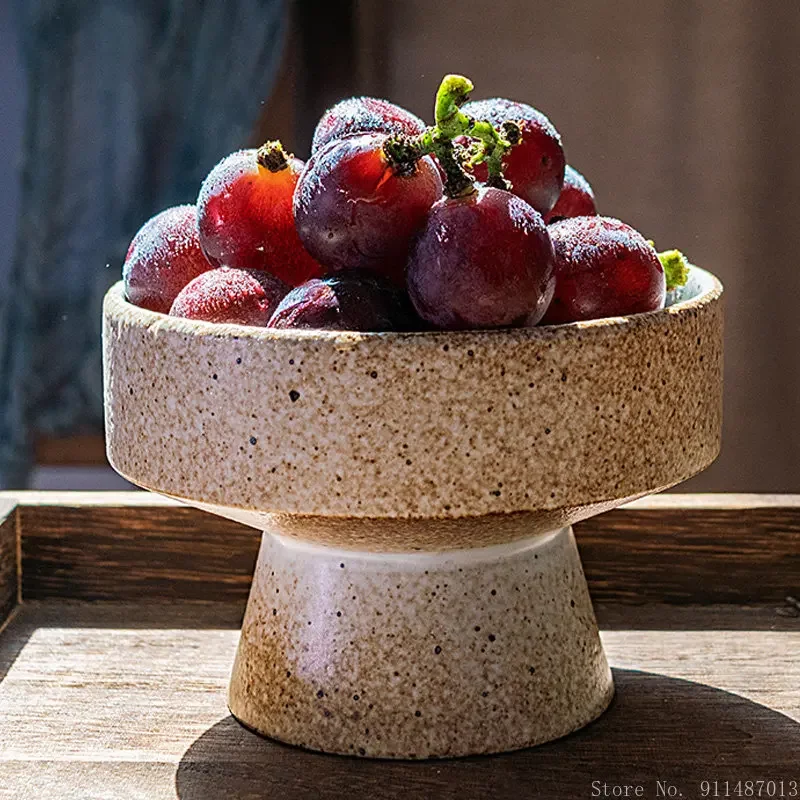 1PC Creative luxurious retro Old treatment rough pottery tray ceramic living room snacks dried fruits tea high leg fruit plate