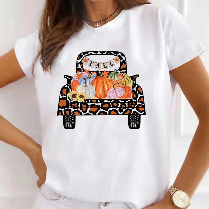 New Printed Women's T-shirt Women's Modal Truck Pumpkin Print Short-sleeved Crew Neck T-shirt Top Aesthetic Clothes  Tops